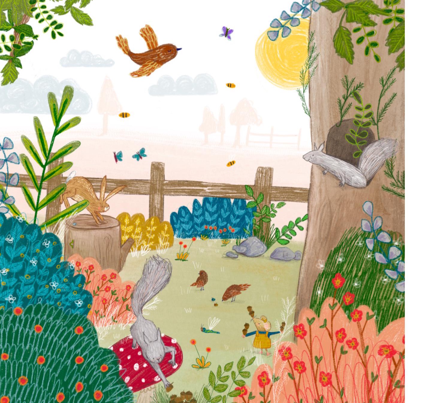 An illustrated meadow with a squirrel, a hare, a mouse holding acorns and birds in the sunshine